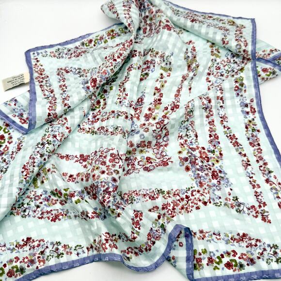 Vtg 1990s Perry Ellis 100% Silk Floral Gingham Scarf 20.5” Square Made in Korea - Picture 5 of 9